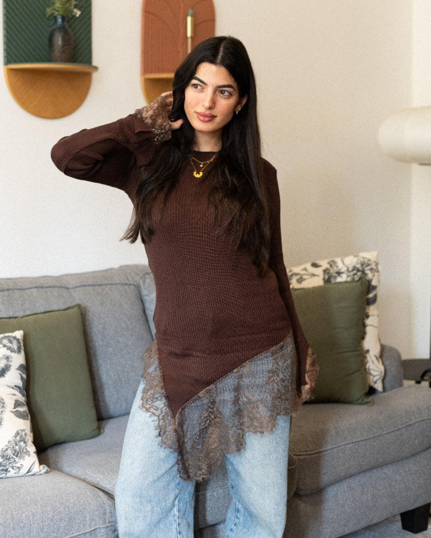 Brown Lace Hem Blouse