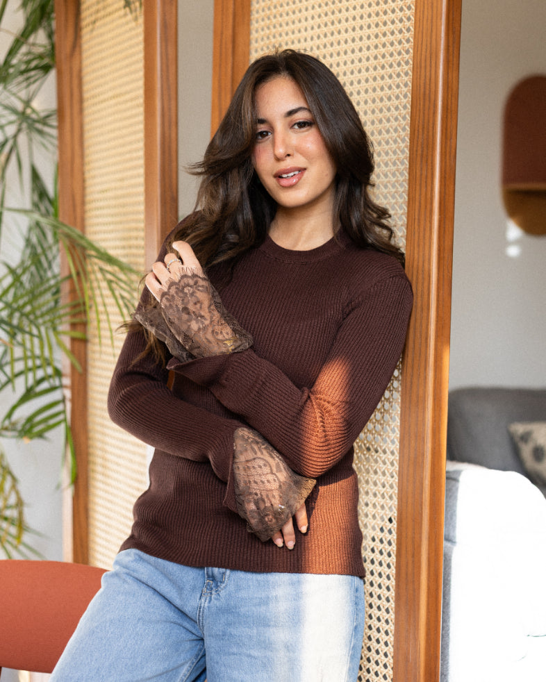 Brown Lace Cuff Top