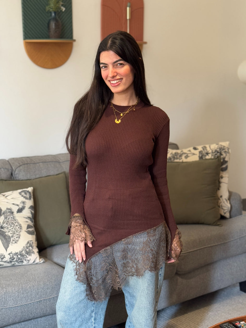 Brown Lace Hem Blouse
