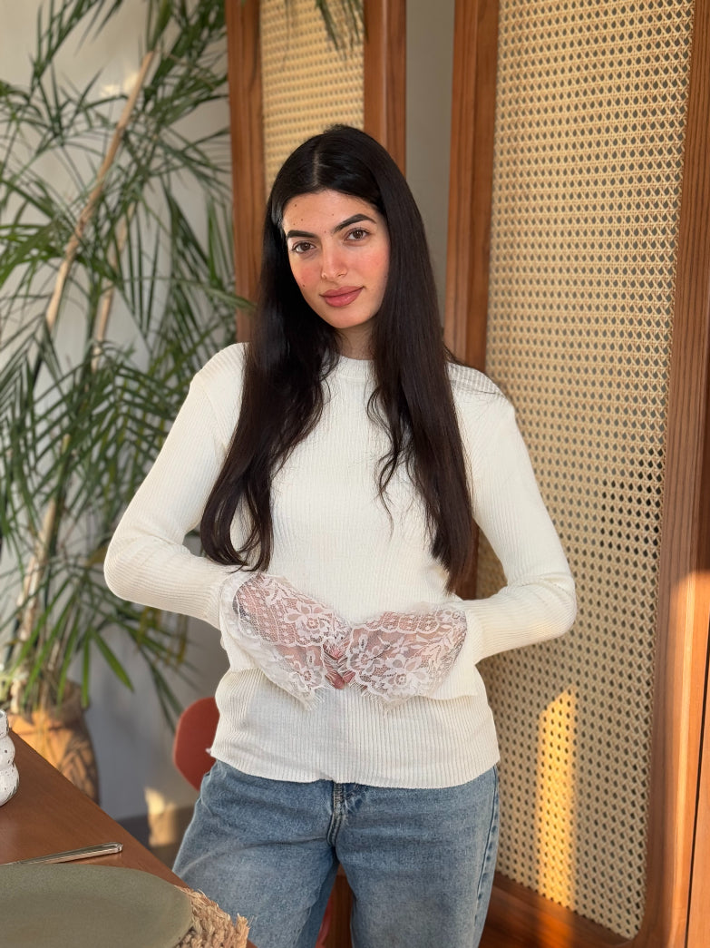 White Lace Cuff Top